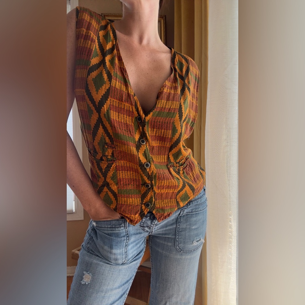 Vintage Paragraff Geometric Vest | Boho Southwestern Kente Style Waistcoat Vest